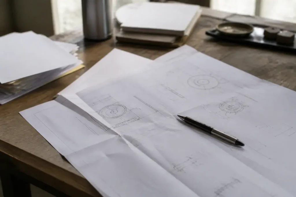 Fiches techniques etalees sur bureau avec stylo