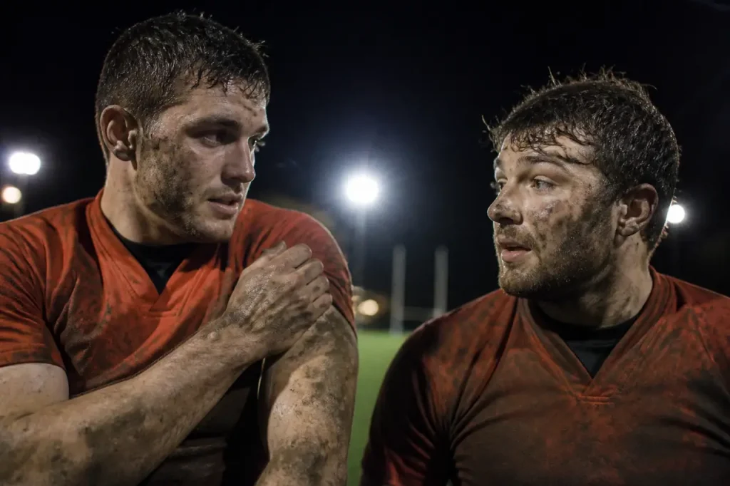 Joueurs de rugby en maillots sous les projecteurs
