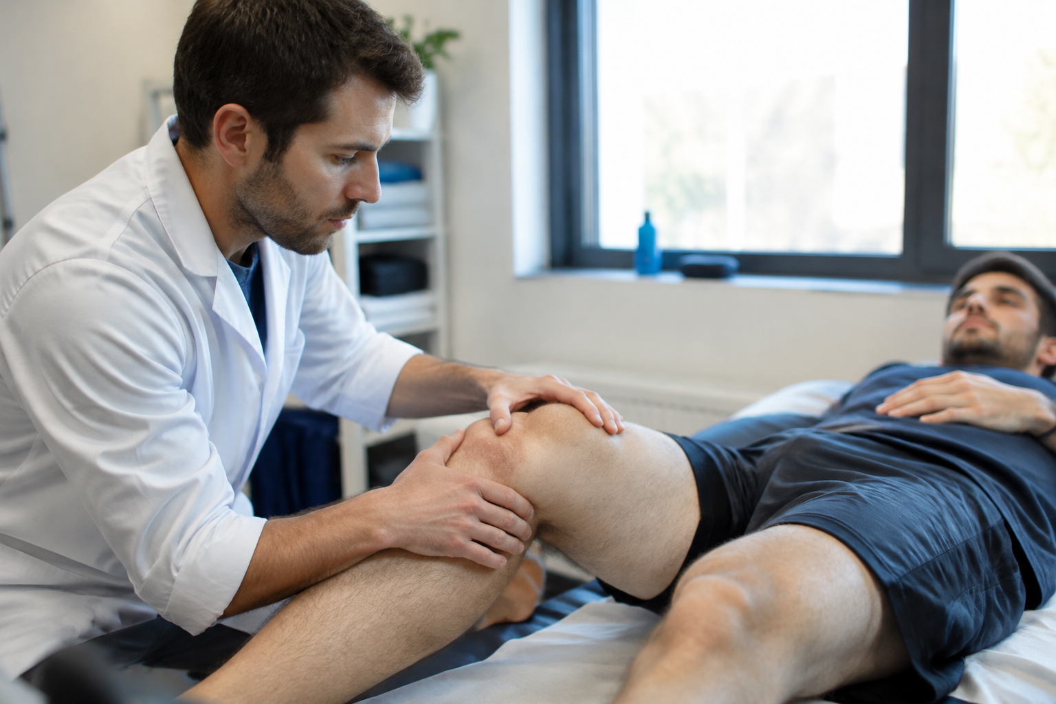 Medecin palpant le genou d'un sportif allonge sur table