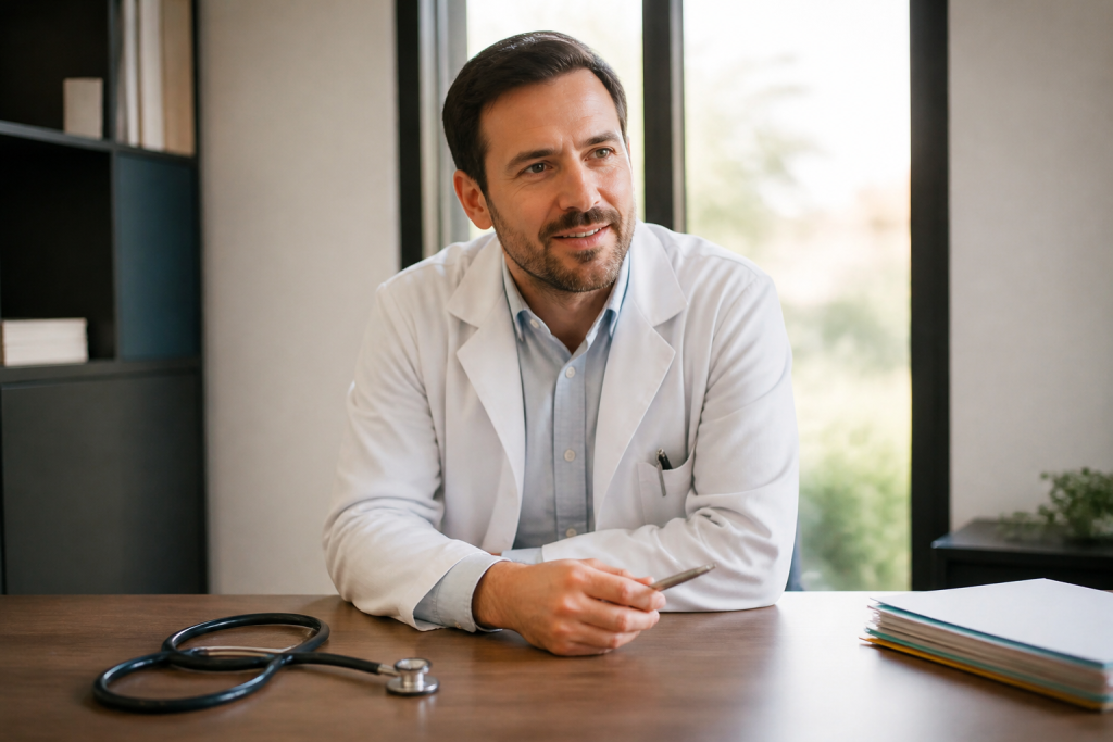 Medecin du sport avec stethoscope sur bureau