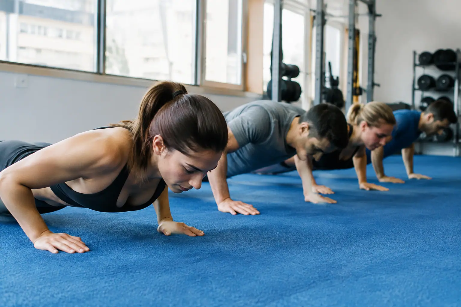 Quatre personnes font des pompes sur tapis bleu
